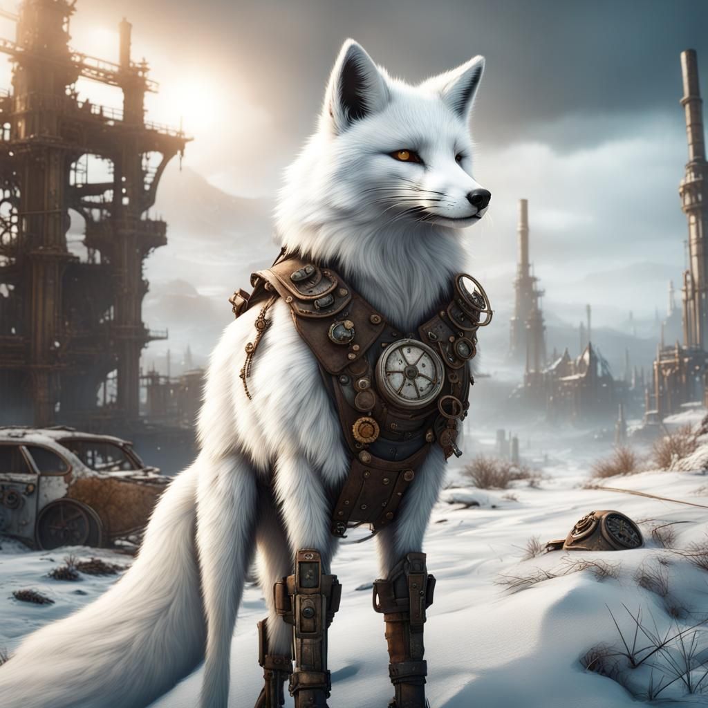 Steampunk White Fox in Winter Wasteland