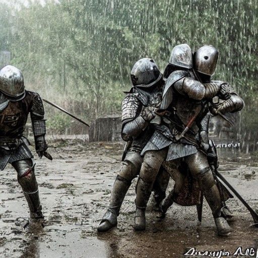 Knights Clash in Abandoned Village, Rainy Night
