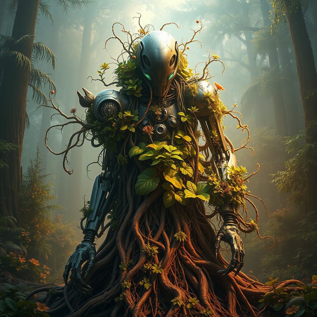 Majestic Cybernetic Life Form Reclaimed by Nature in a Fanta...