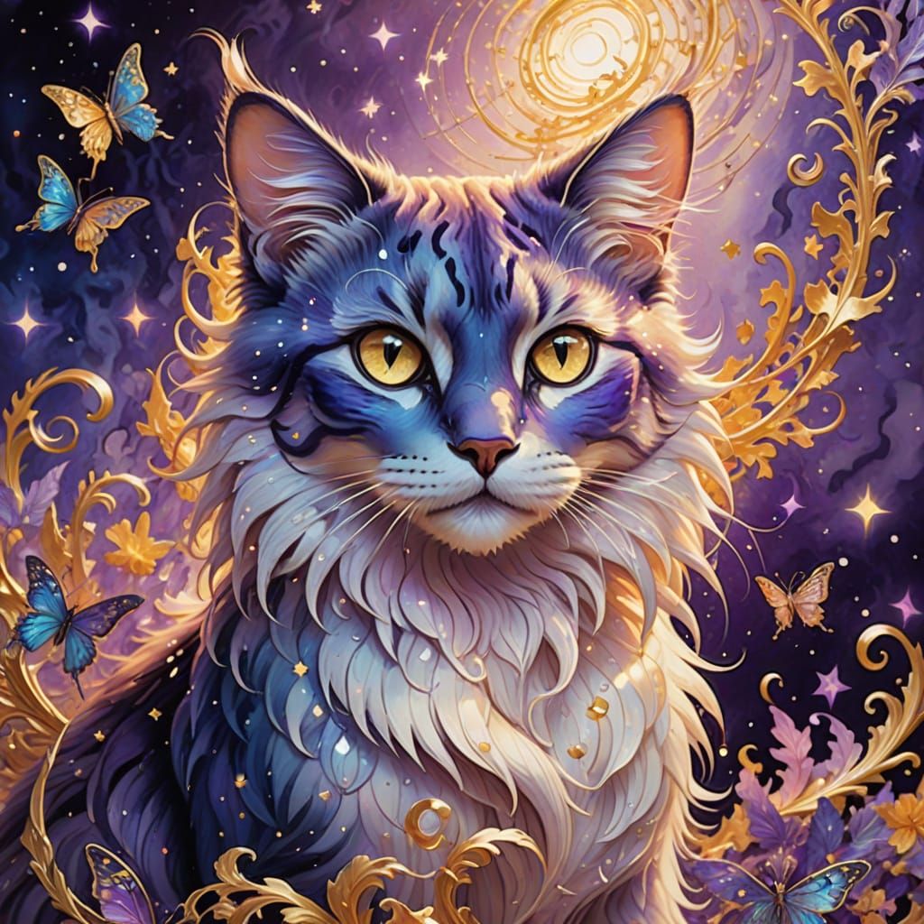 Mystical Fairy Cat Enthralled by Ancient Puzzle