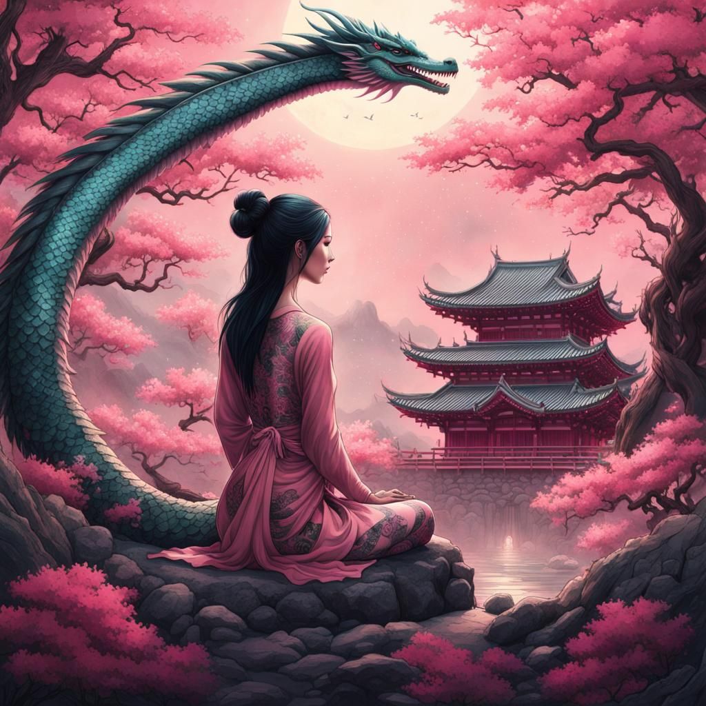 Dragon Tattoo Woman Meditating in Zen Garden