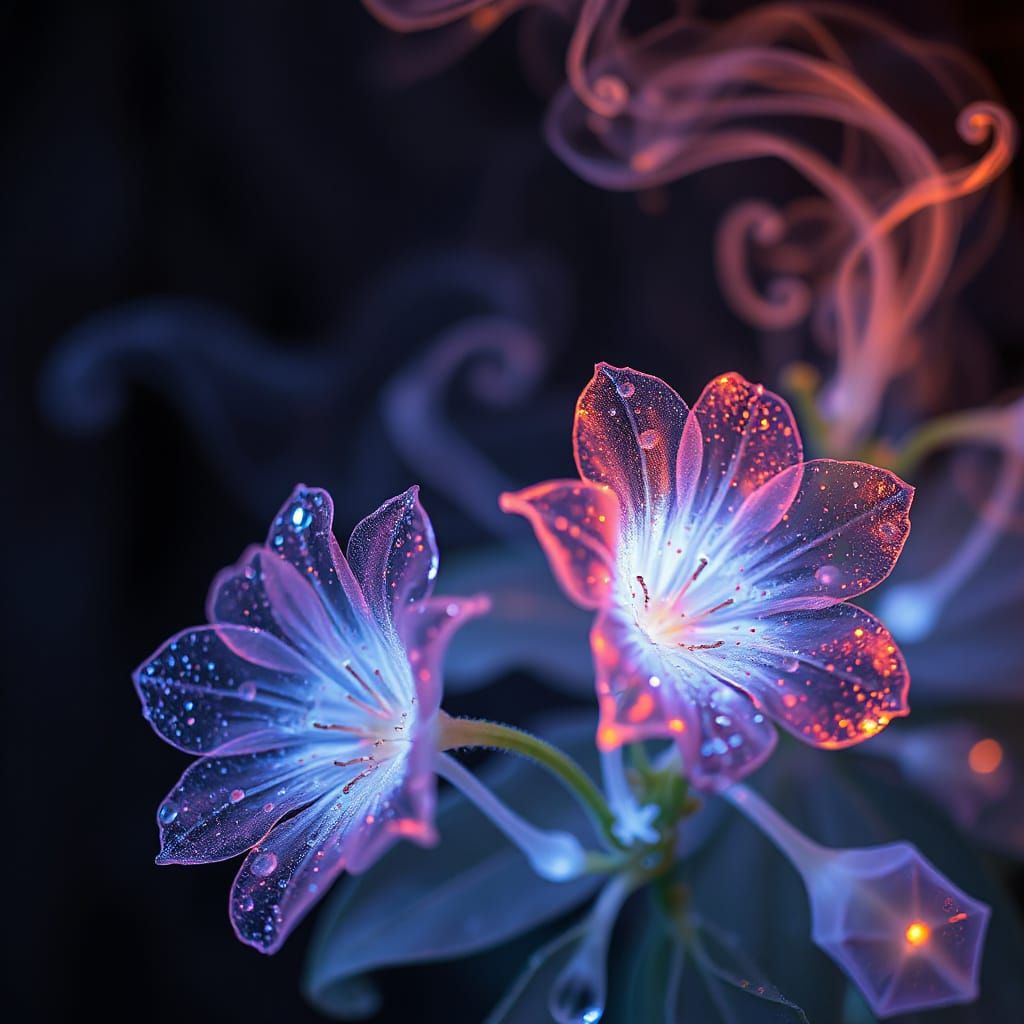 Crystalline Flowers with Bioluminescent Glow and Cosmic Deta...