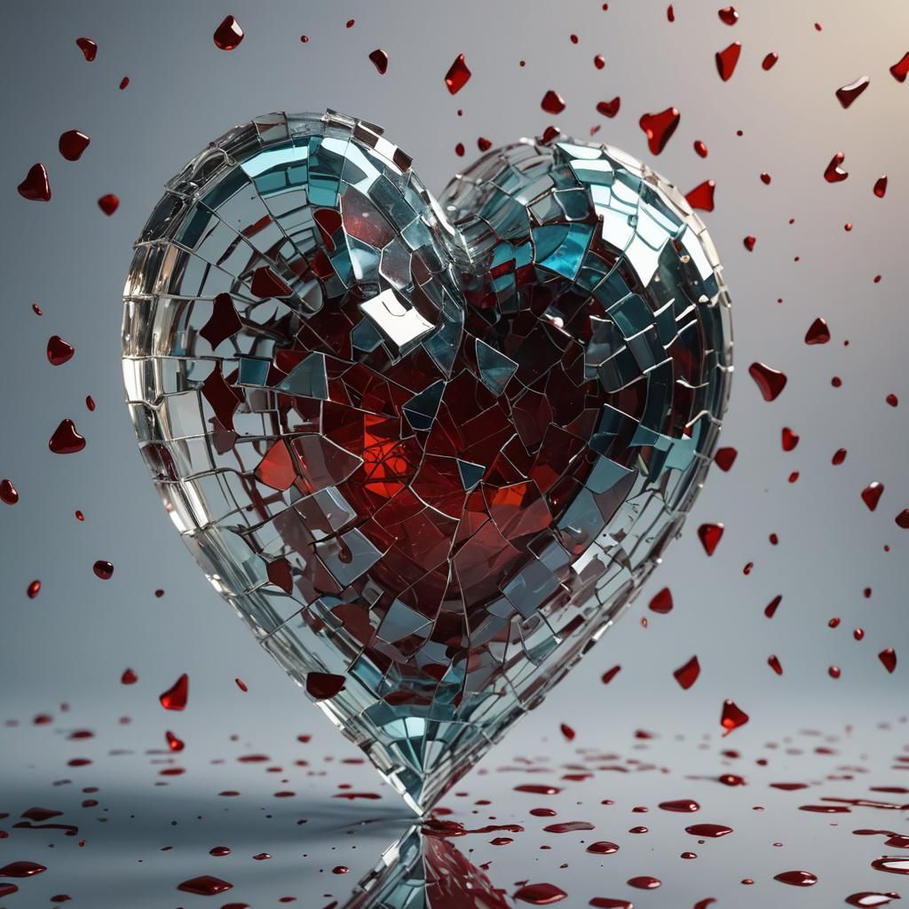Shattered Glass Heart Sculpture in Hyperrealistic Style