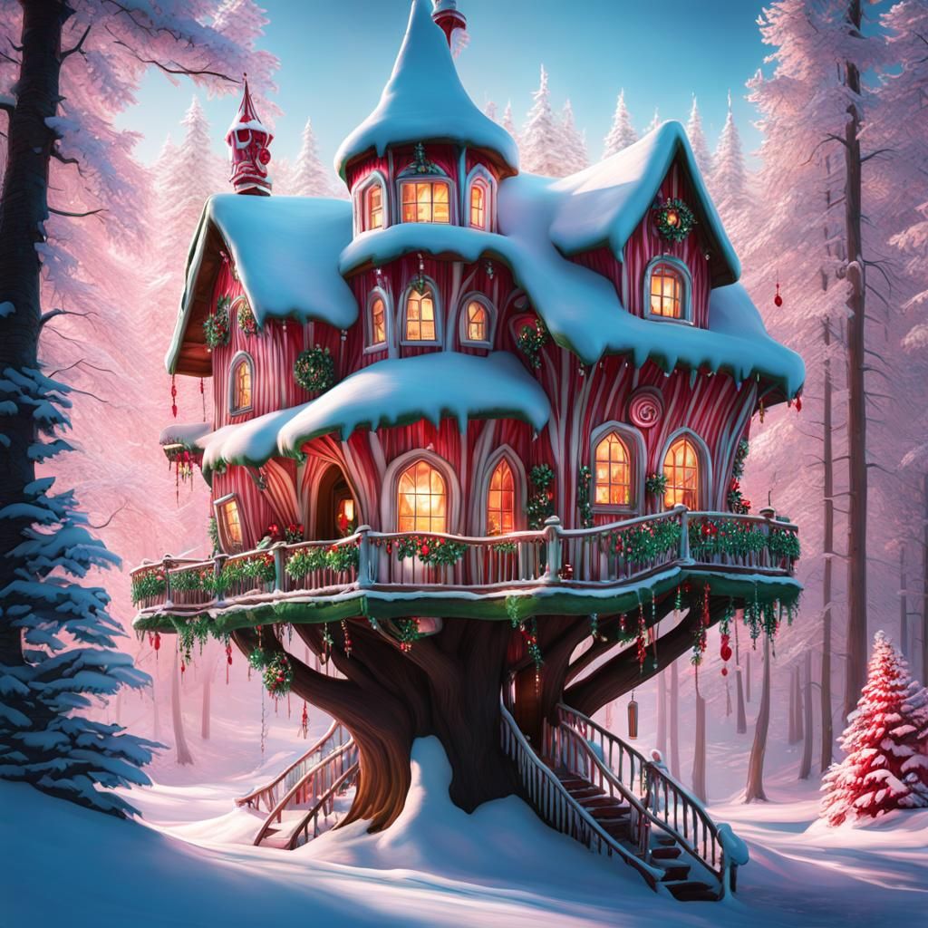 Whimsical Peppermint Winter Treehouse