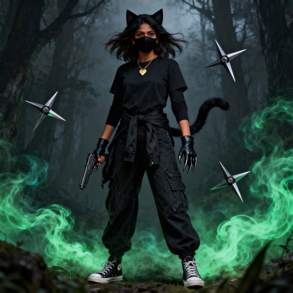 Spy with Cat Features in Creepy Forest, Holding Gun