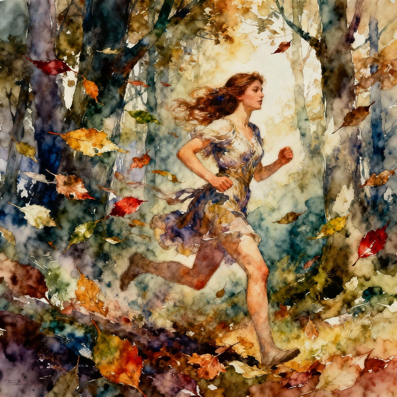 Woman Running Through Forest With Blowing Leaves