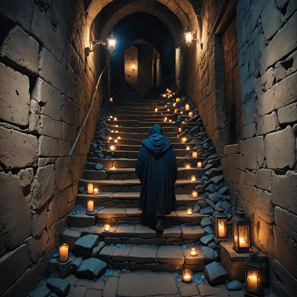 A dimly lit, ancient staircase adorned with glowing blue cracks and surrounded by flickering candles.