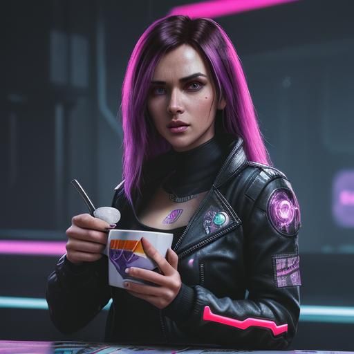Cyberpunk Coffee Cup in Neon Cityscape