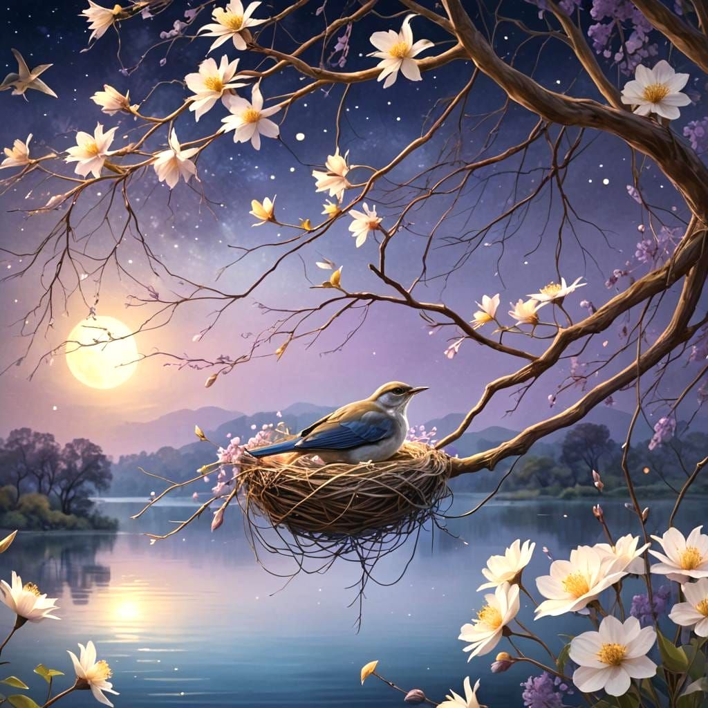 Nightingale Sleeping on Flowers: Detailed Matte Painting