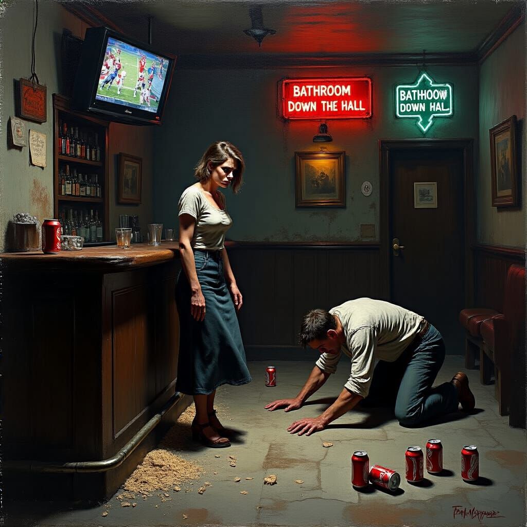 Gritty Dive Bar Scene with Defiant Woman and Crawling Man