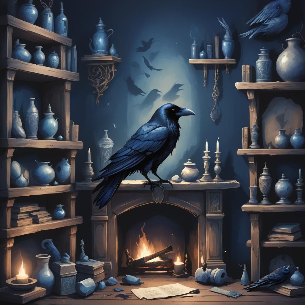 Mystical Raven's Haven in Cozy, Dark Room