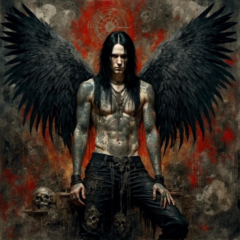 Dark Fallen Angel with Black Wings and Horns