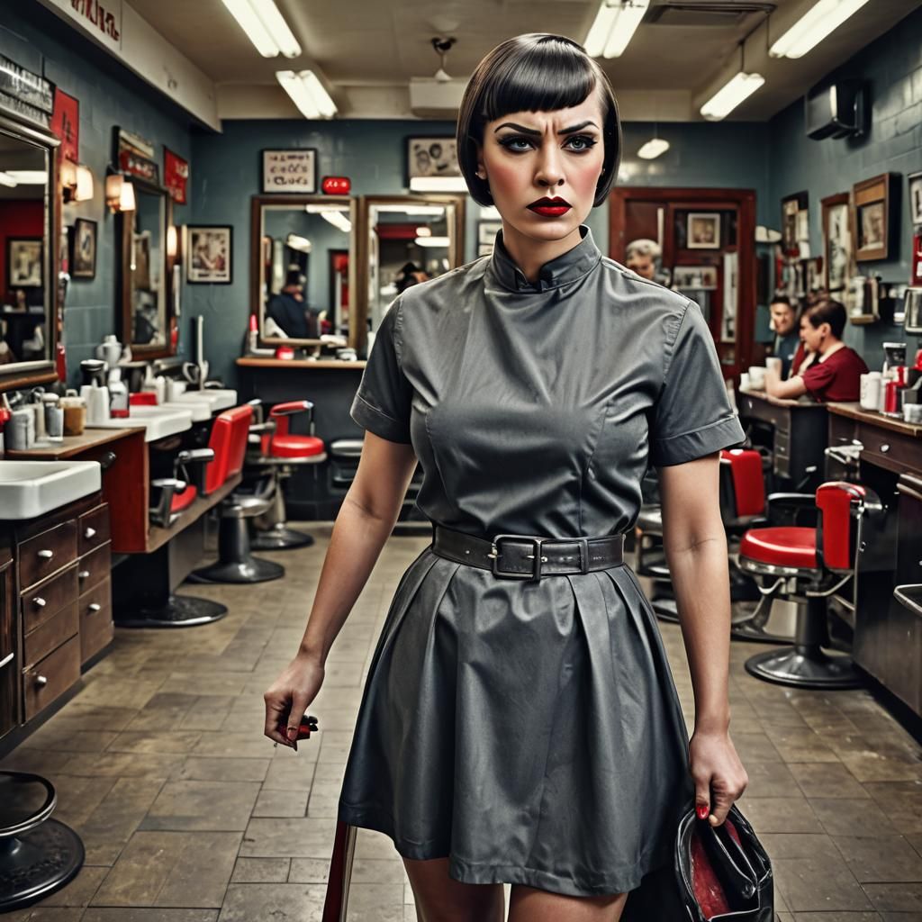 Intimidating Barber with Undercut Bob in Hyperrealistic Styl...
