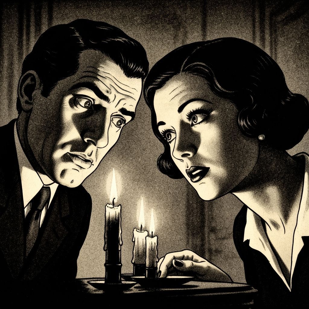 Suspicious Glances: Man and Woman in Candlelit Noir Room