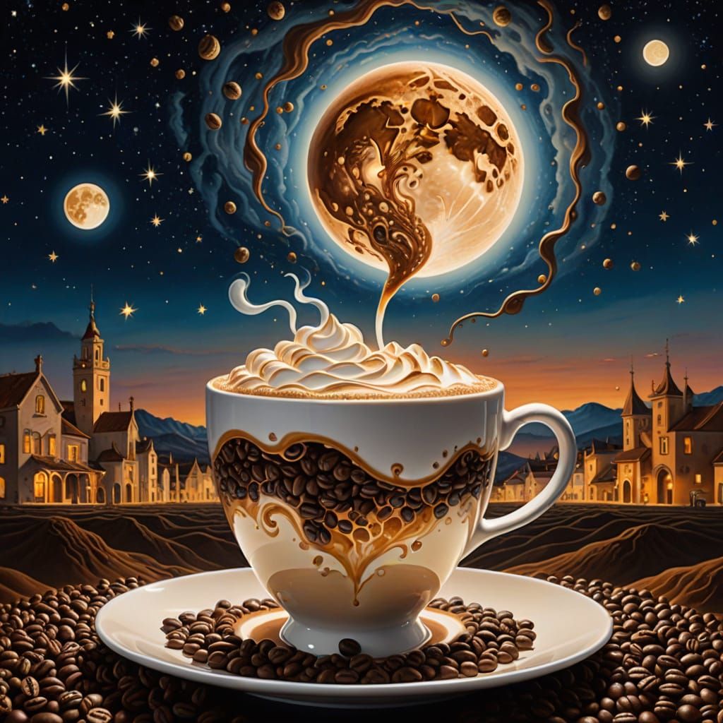 Coffee Bean Moon Over Latte in Surrealist Style