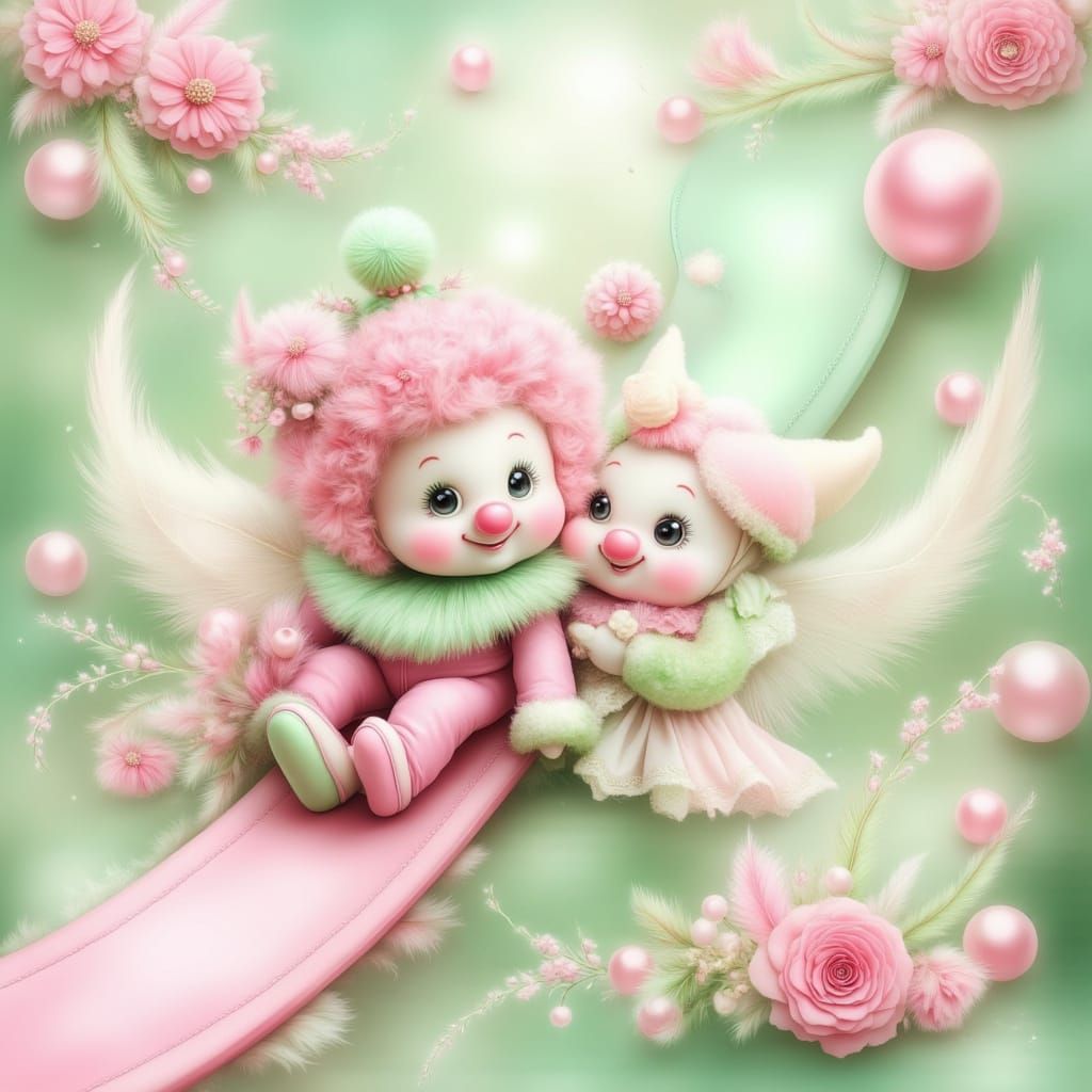 Pastel Clown Slides Down Snowy Ramp with Cheering Teddy Bear...