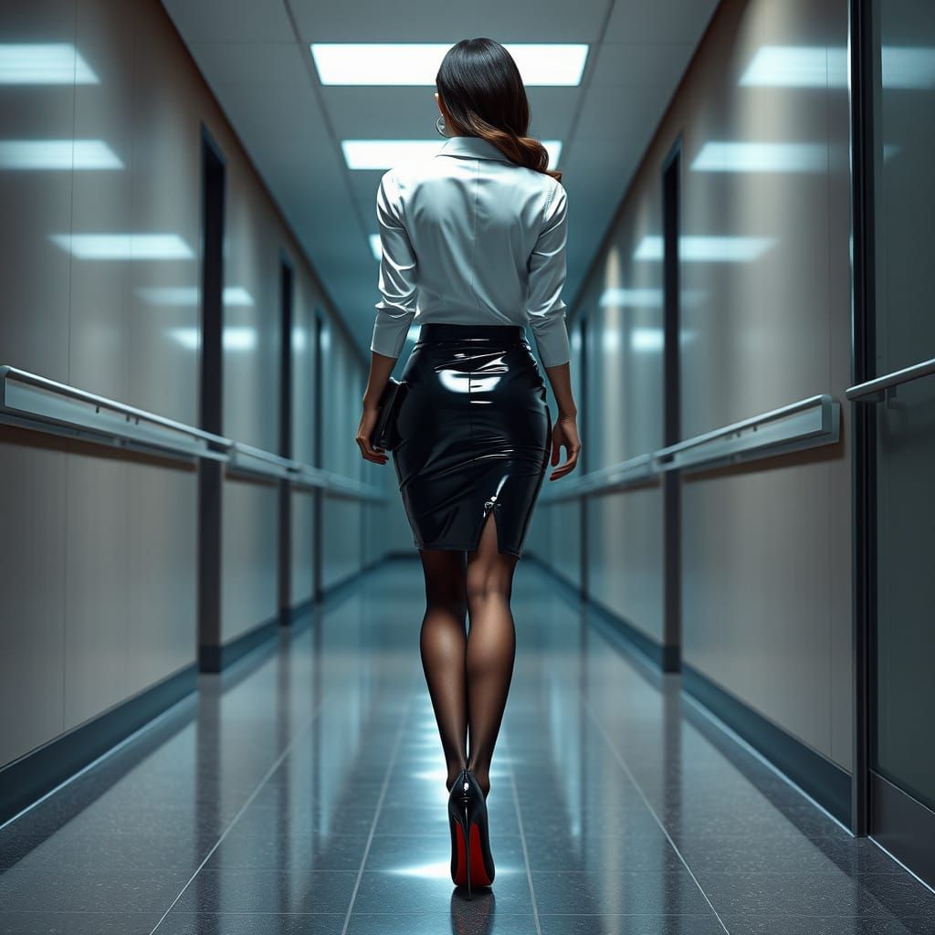 Stunning Office Woman in Metallic Latex Mini Skirt, Pointy N...