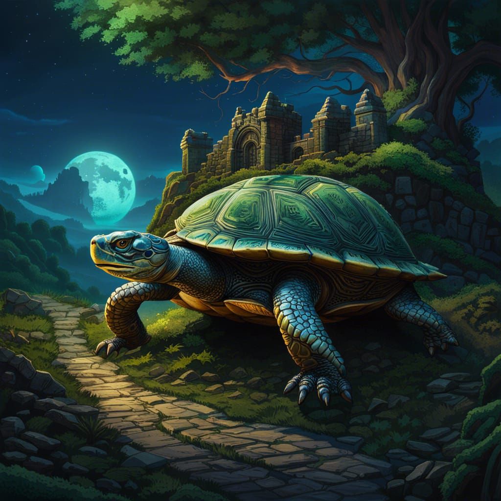 Mossy Turtle Giant Walks Moonlit Valley