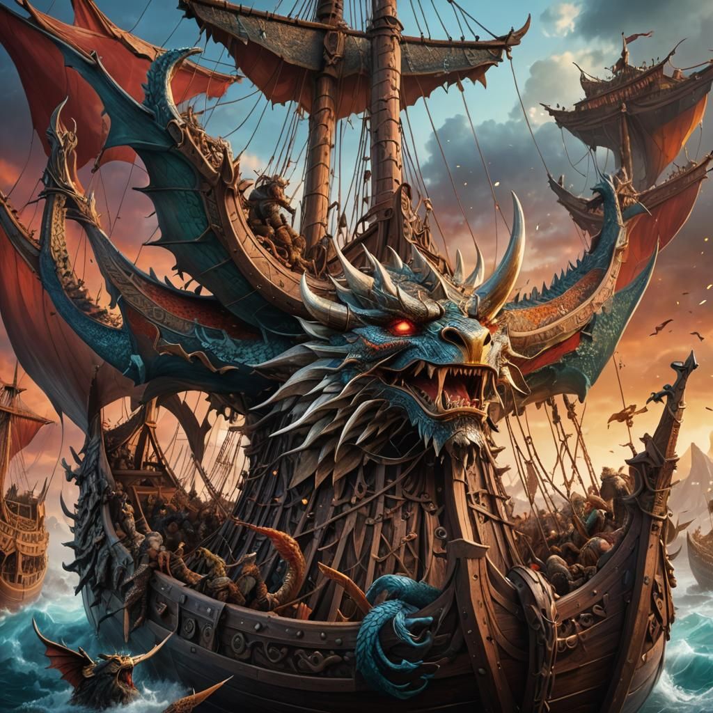 Viking Ship with Dragons: Hyperrealistic Concept Art
