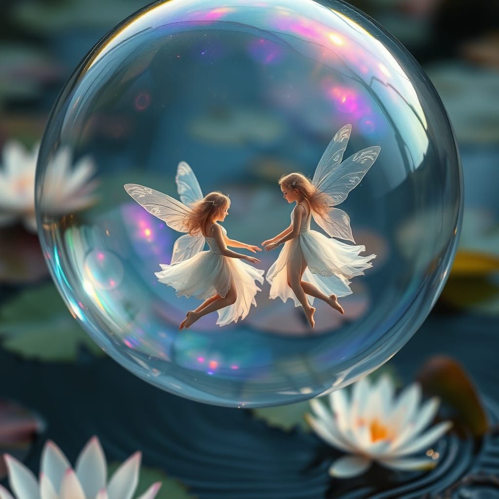 Ethereal Fairies in a Glowing, Rainbow-Hued Bubble