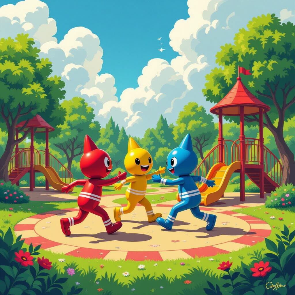 Colorful Crayons Playing Tag on Playground