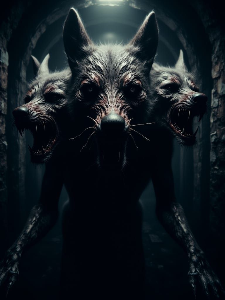 A three-headed dog, Cerberus, rendered in a hyperrealistic s...