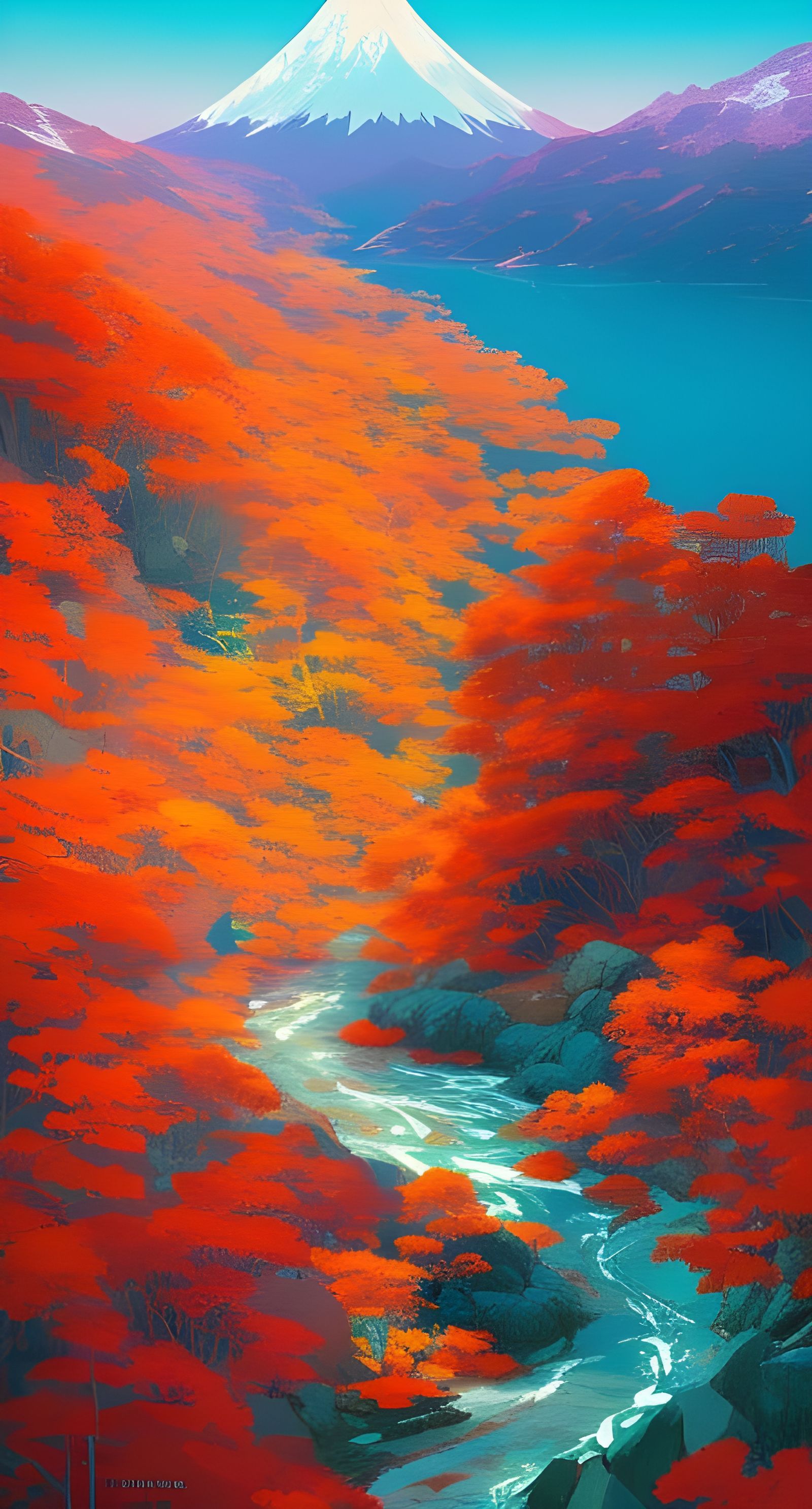 Teal and Orange Mountain Landscape in Anime Style