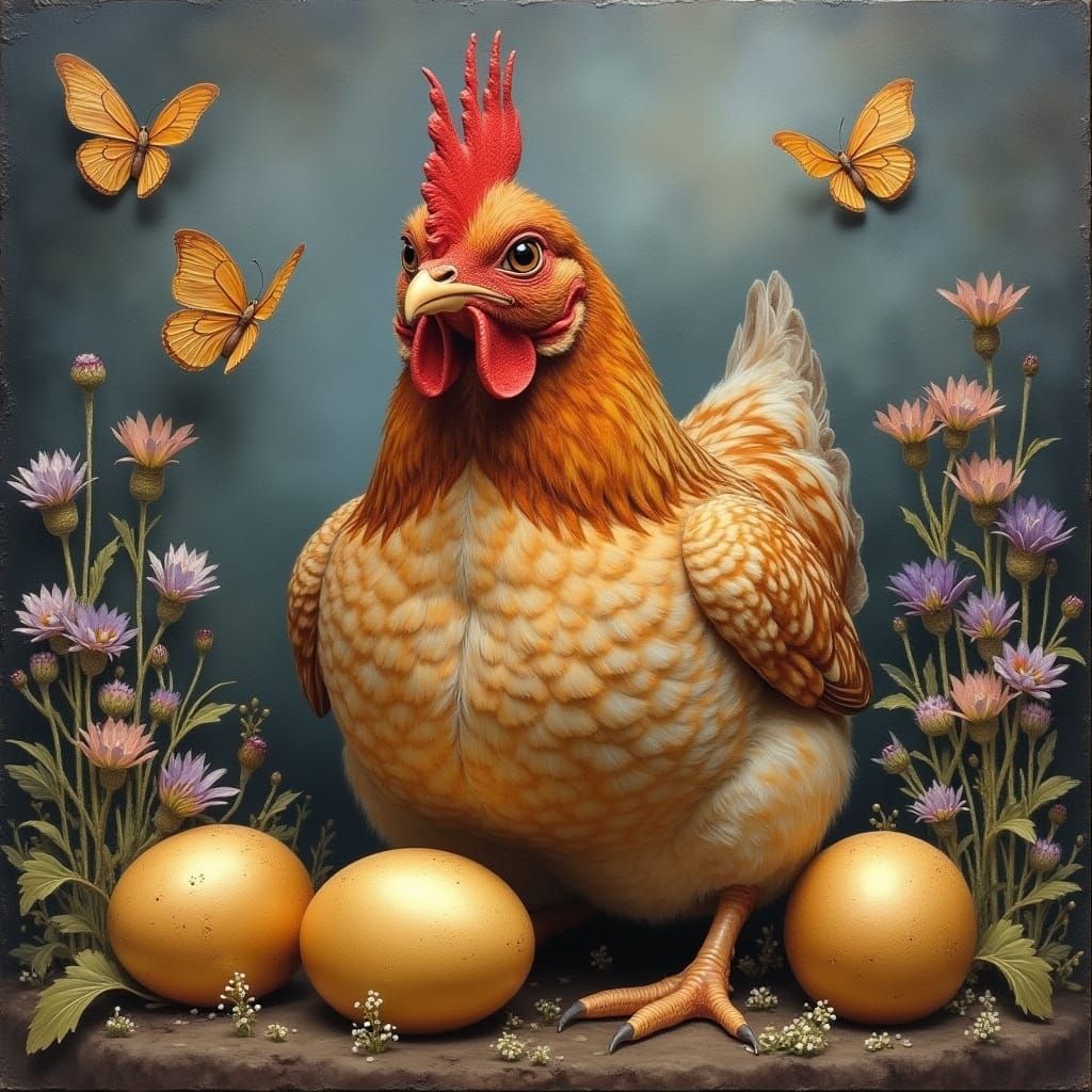 Whimsical Brown Hen Sits on Golden Eggs in Encaustic Oil Pai...