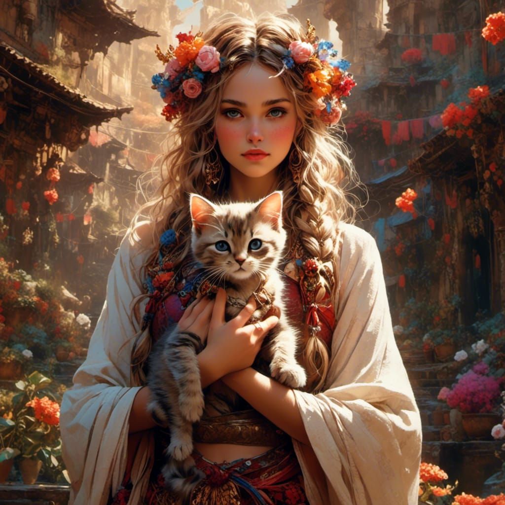 Woman with Adorable Kittens in Detailed Matte Painting