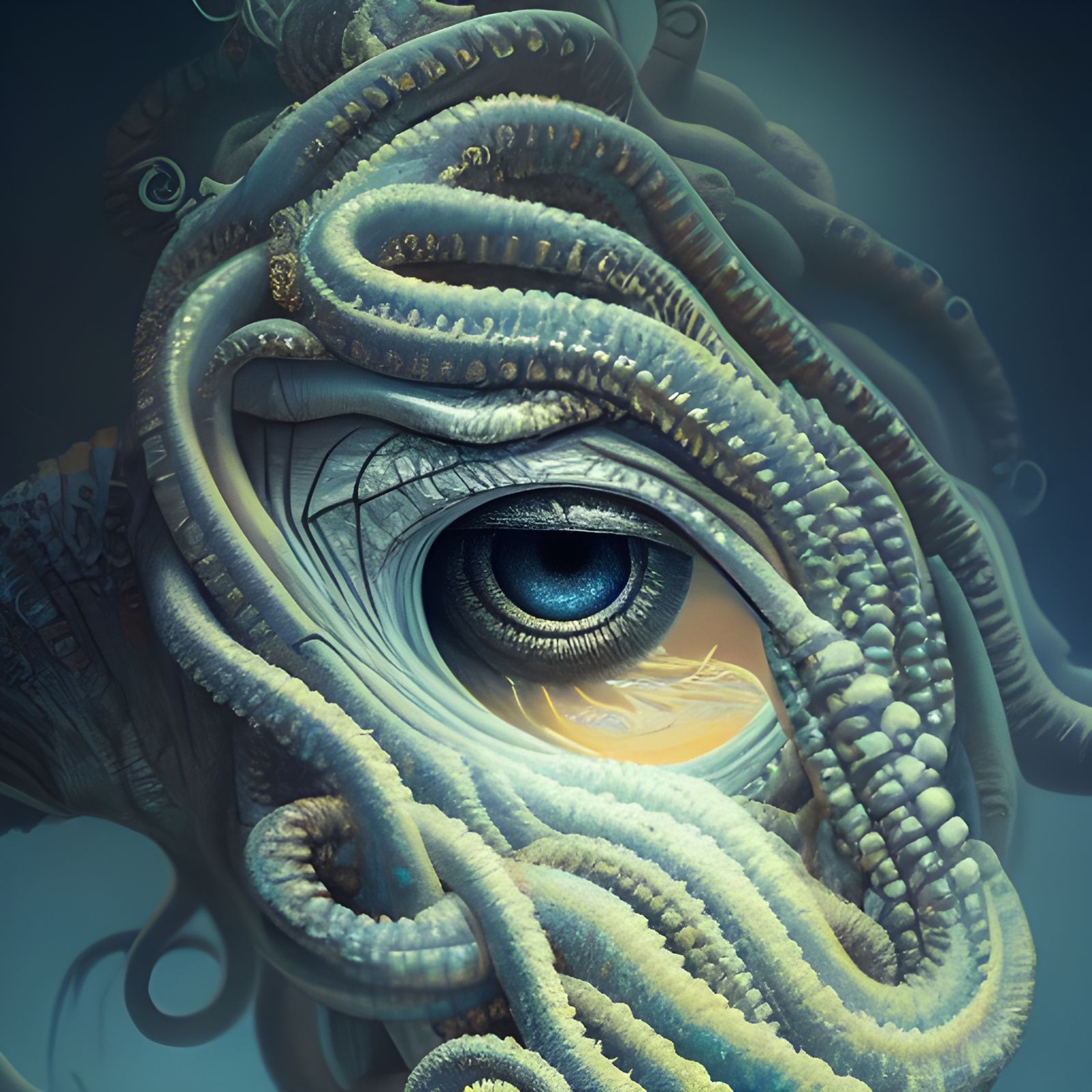 Detailed Eye With Tentacles: Bioluminescent Deep Ocean Portr...