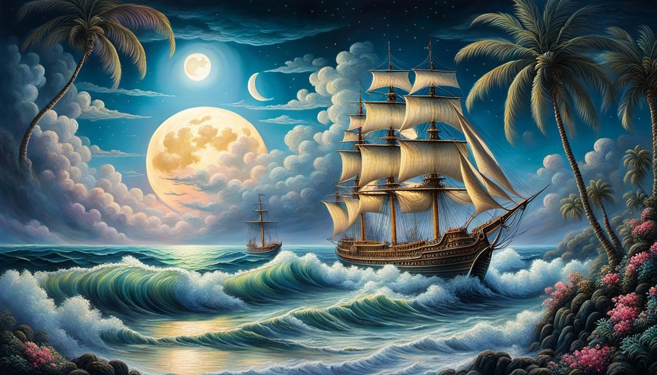 Majestic Ship Sails Under Surreal Moonlit Sky