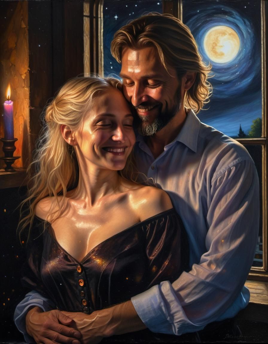 Renaissance Couple Embracing in Candlelight