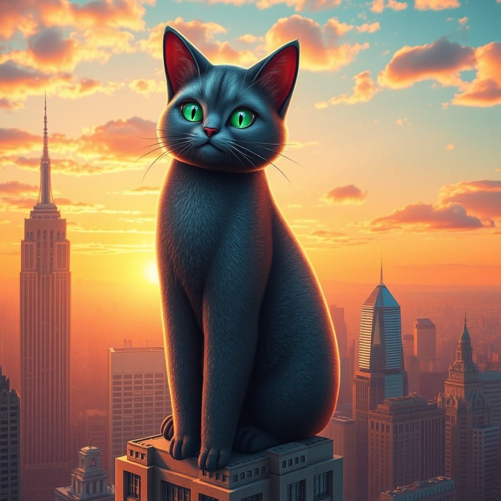 Whimsical Feline Empire State Building in Vibrant Cityscape