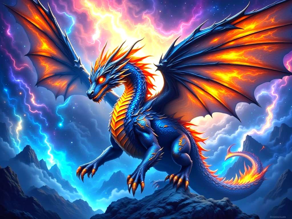 Majestic Obsidian Dragon Soaring Through Cosmic Nebula