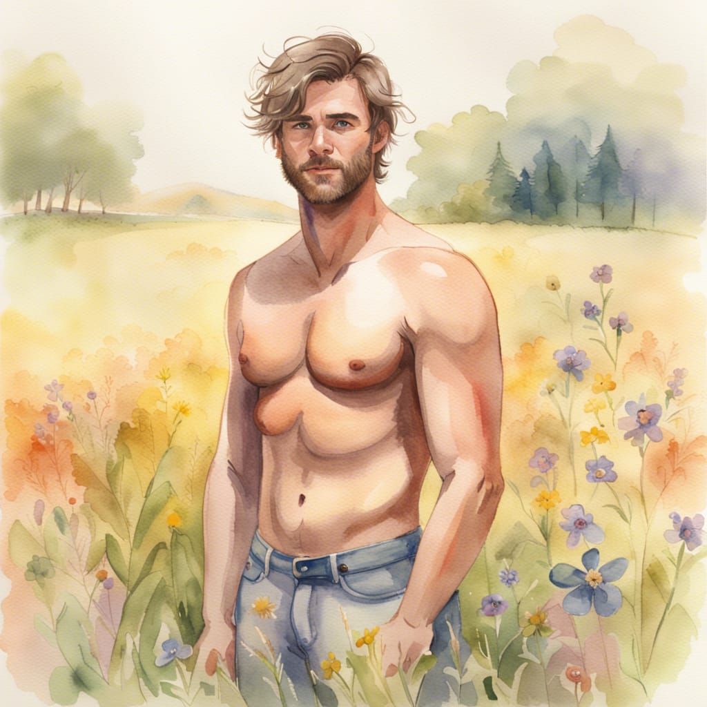 Watercolor of Handsome Man in Wildflower Field