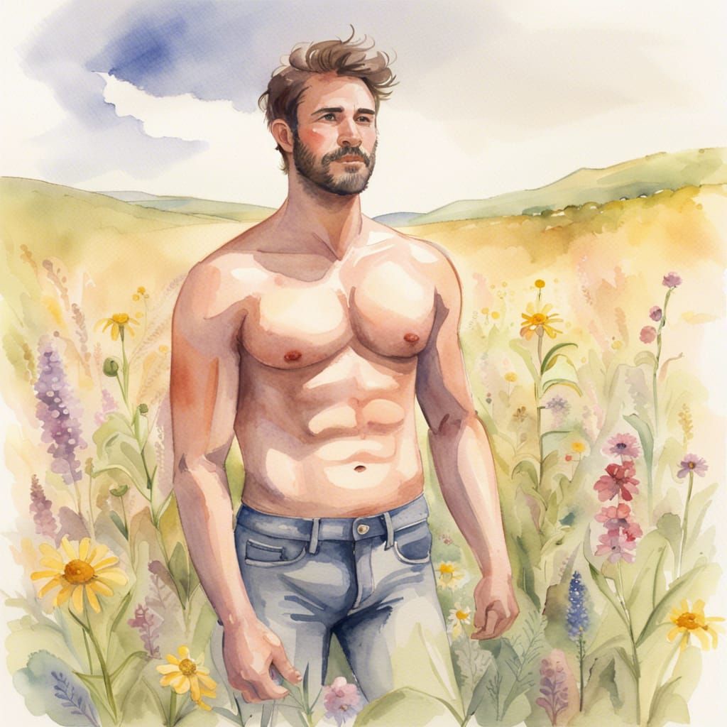 Watercolor Man in Wildflower Field
