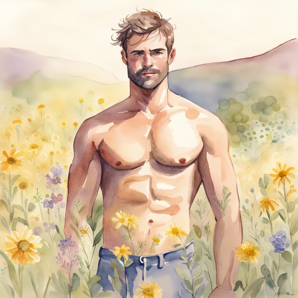 Watercolor: Handsome Man in Wildflower Field