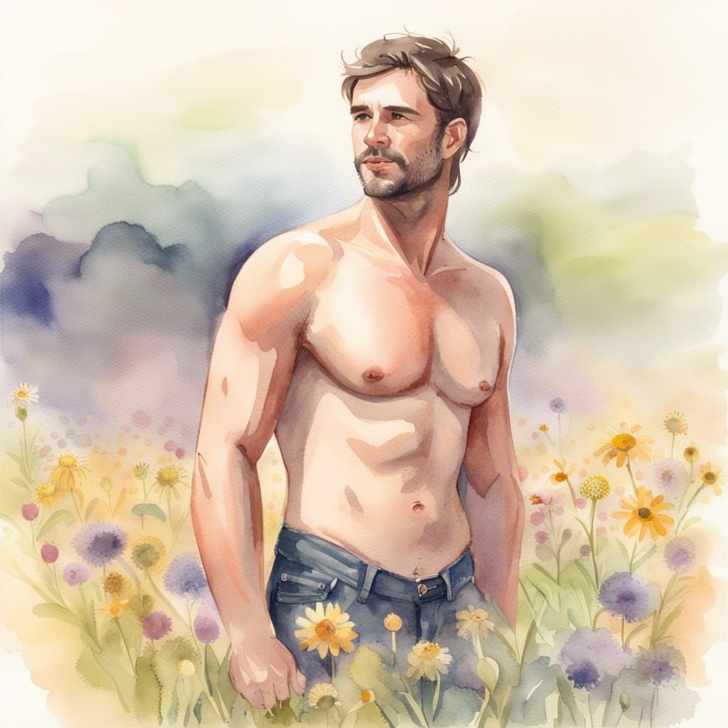 Watercolor of a Handsome Man in Wildflower Field