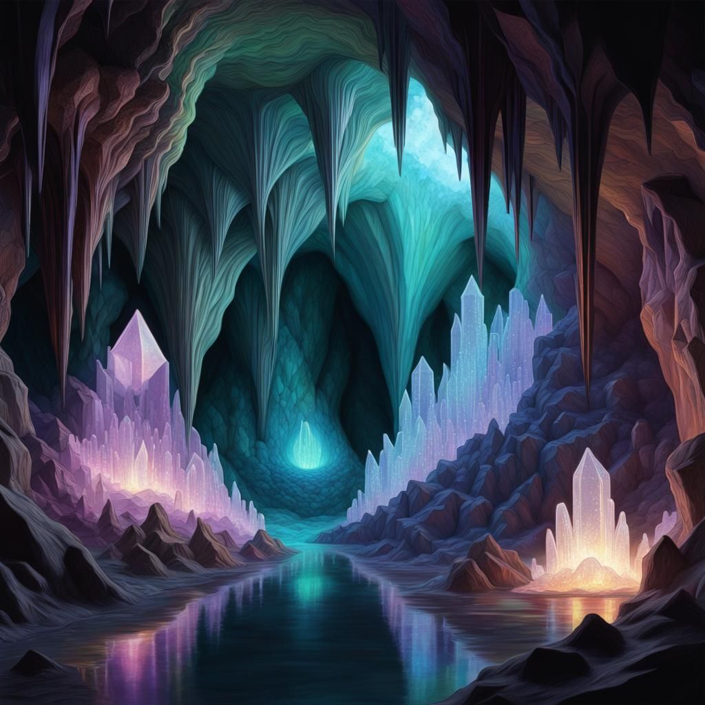 Intricate Iridescent Crystal Cave with 3D Shading