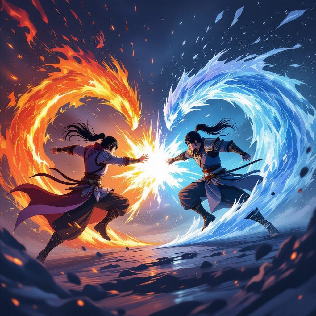 Anime Warriors Battle With Fire and Ice in Dark Fantasy Styl...