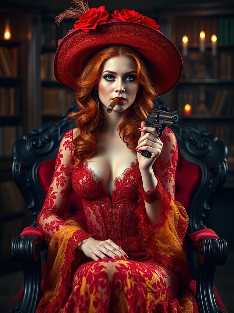 Redhead with Revolver in Burning Baroque Library