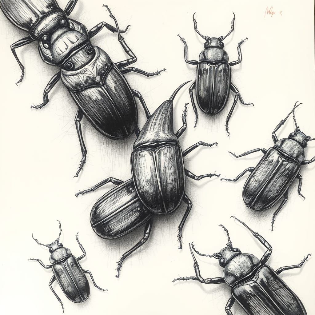 Intricate Beetles in Charcoal Drawing Style