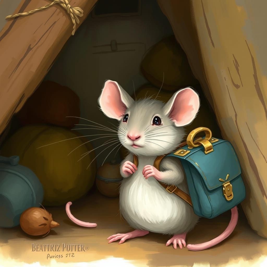 Shy Rat Exploring Attic in Beatrix Potter Style