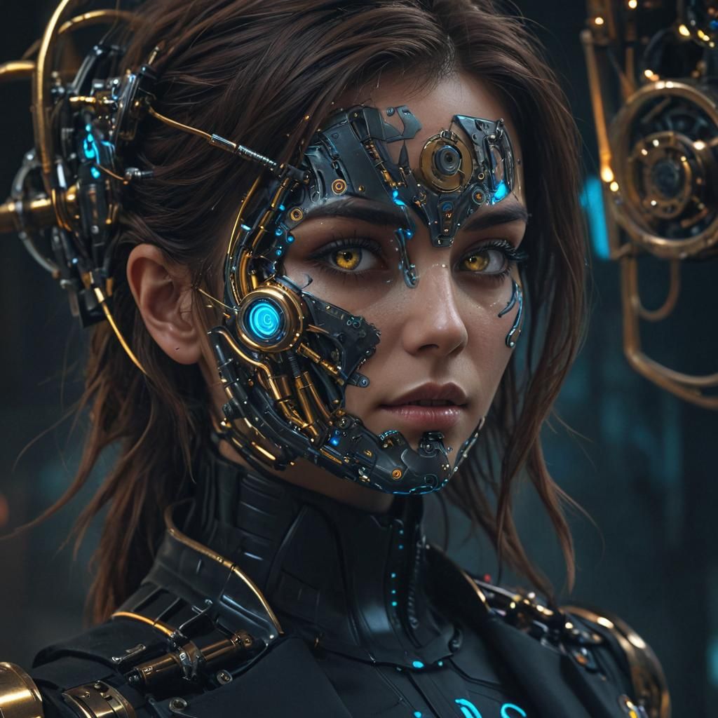 Steampunk Cyborg Woman in Neon Lit Scene