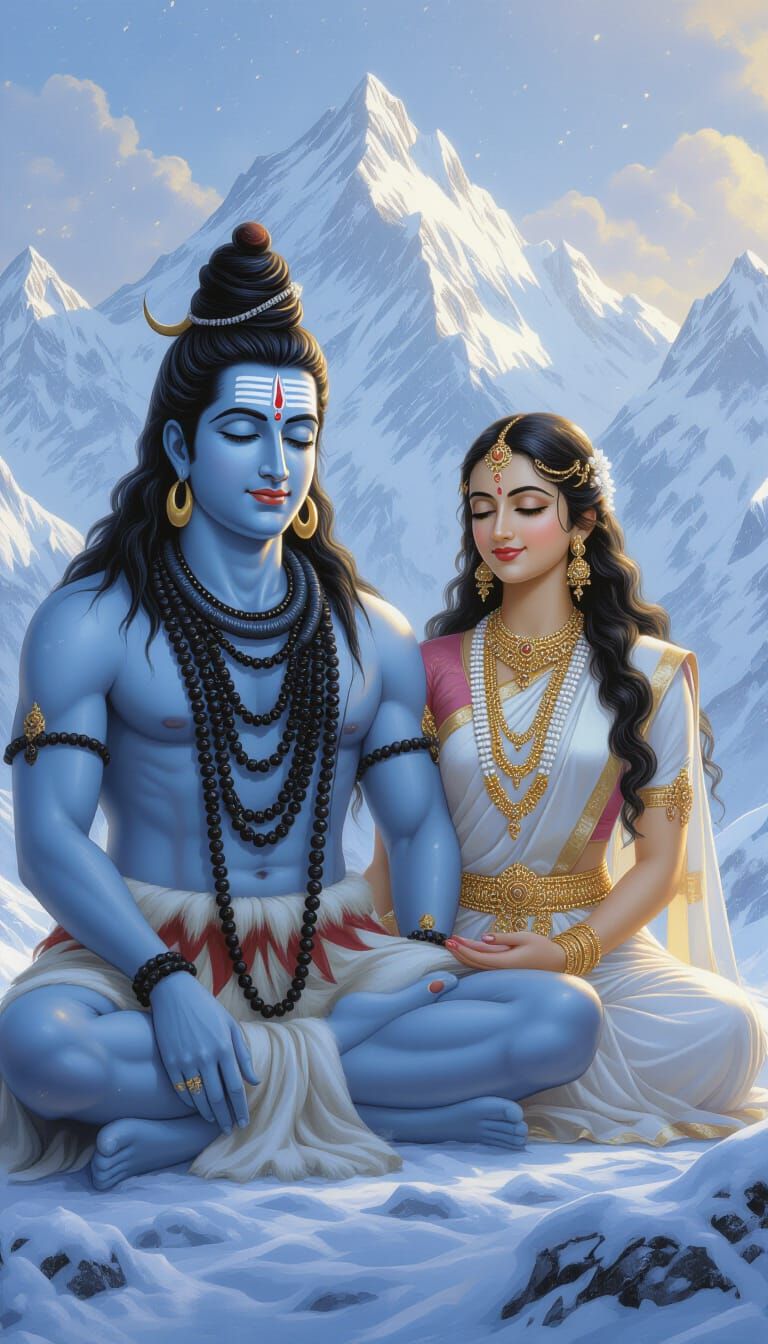 Divine Shiva and Parvati Meditation Painting