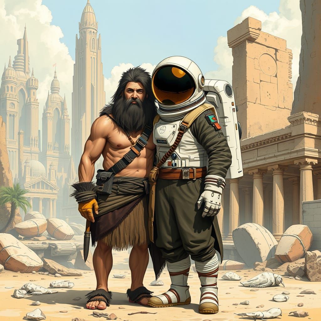 Caveman and Astronaut in Whimsical Cityscape