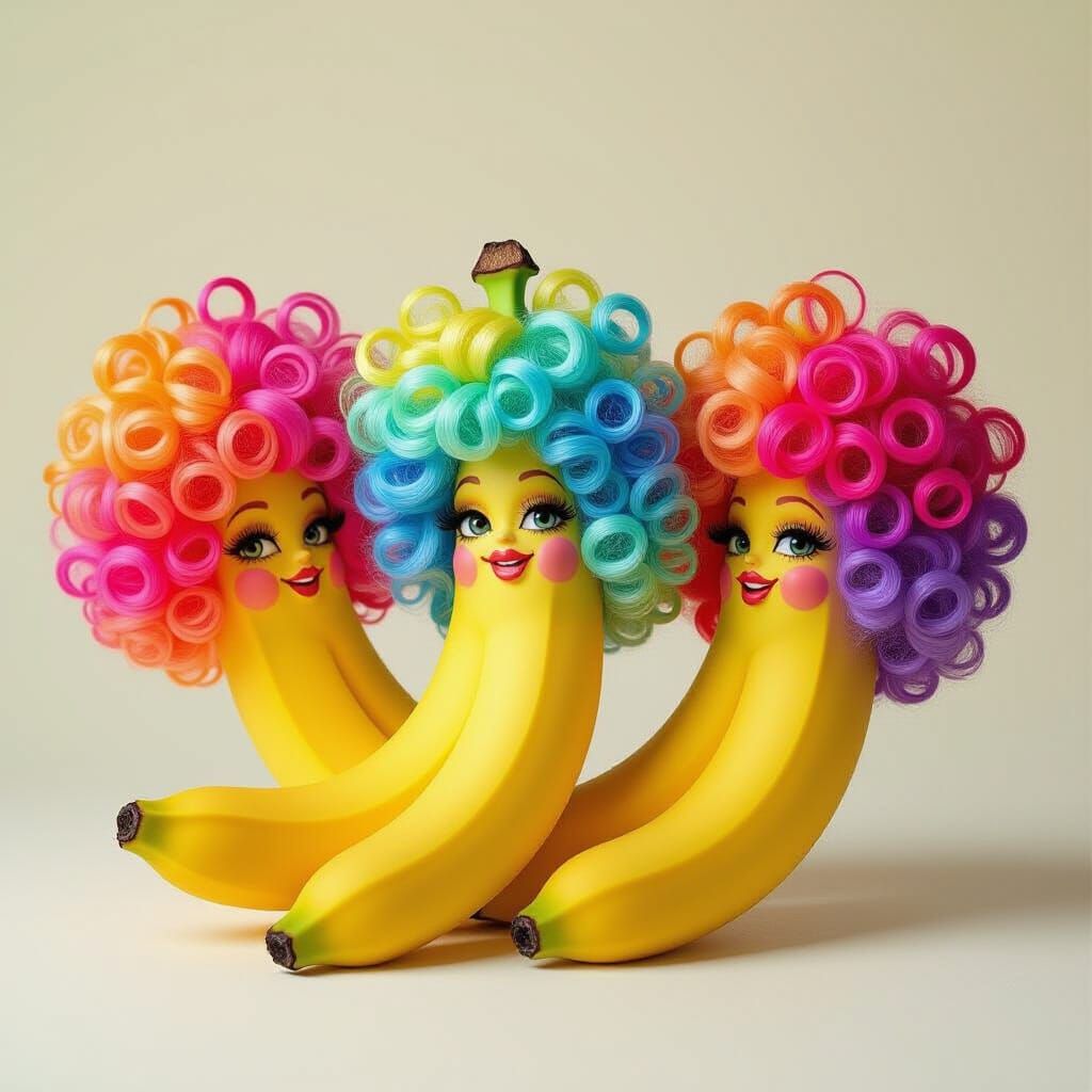 Whimsical Bananas with Wigs in Surreal Style