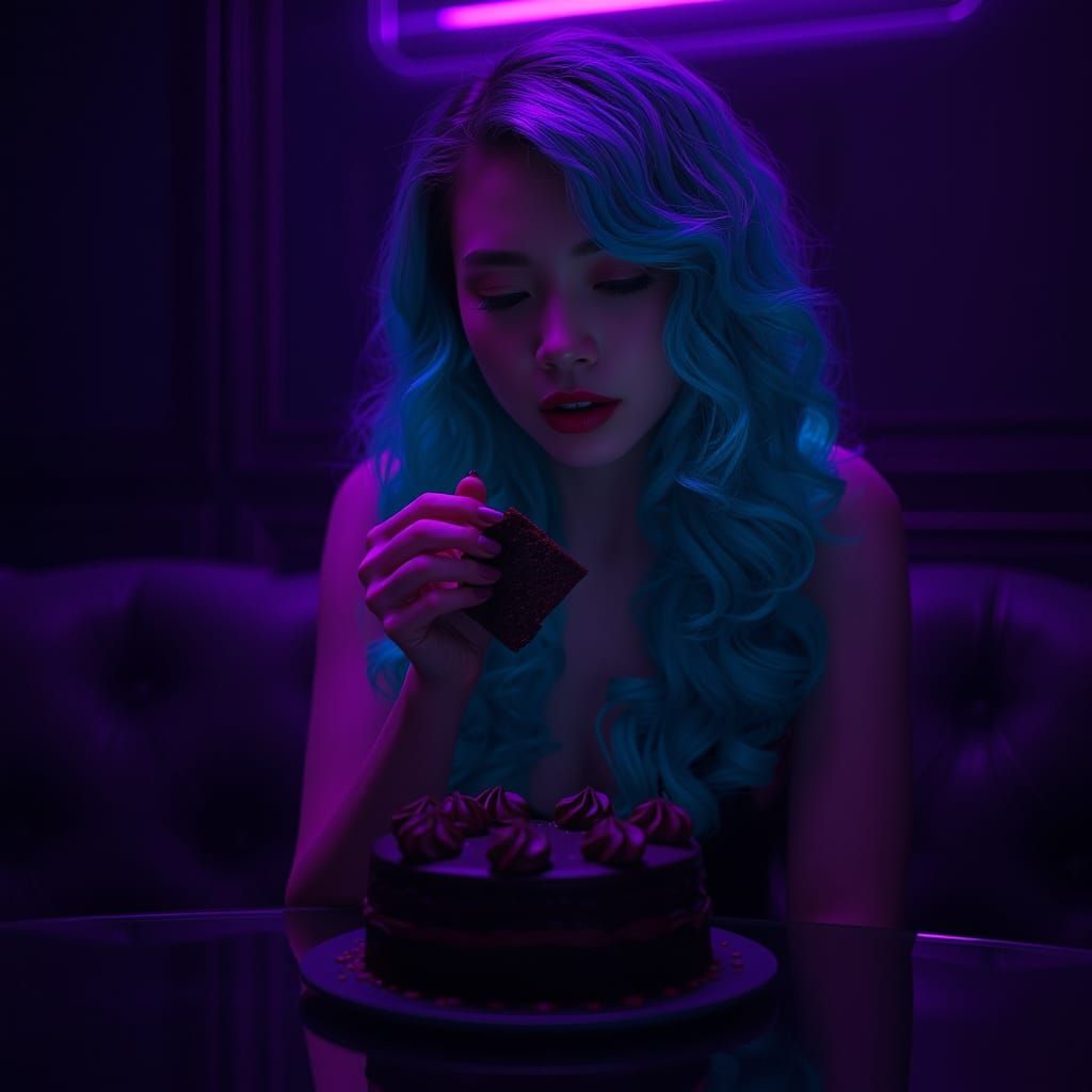 Mysterious Woman Eats Cake in Neon-Lit Room