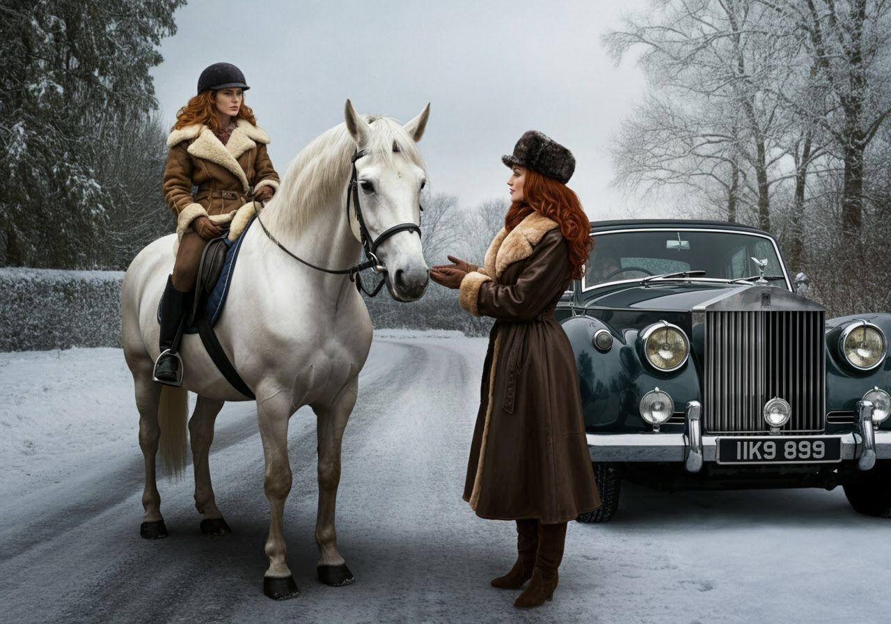 Red Hair Woman on Horse by Rolls Royce