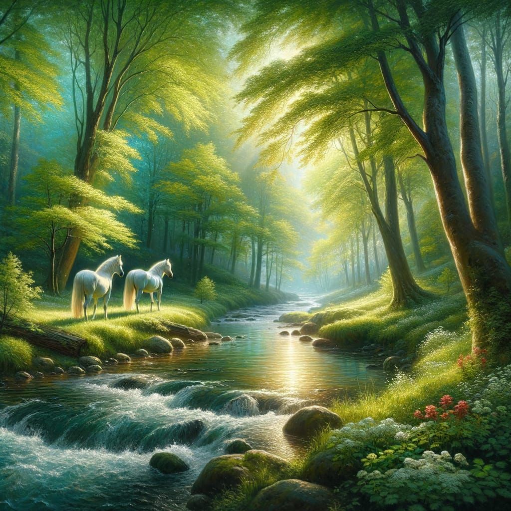 Luminous Spring Landscape with Majestic White Horses